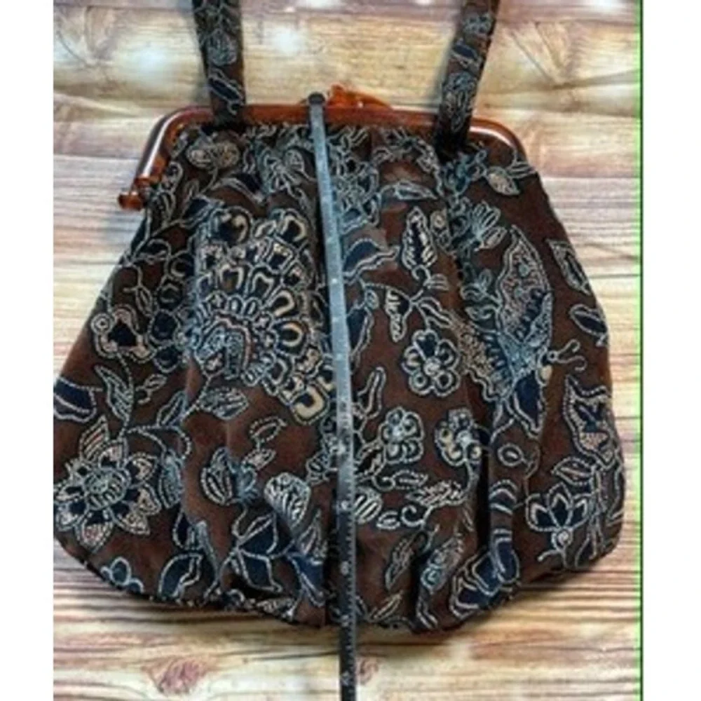 Carpetbags‎ of America Vintage Floral Batik Velvet Frame Bag Tortoiseshell Brown